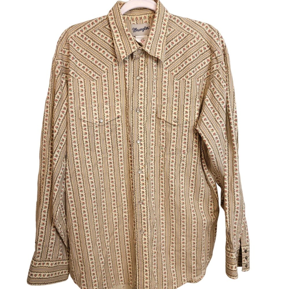 Vintage Wrangler Pearl Snap sz L Cowboy Shirt floral stripe western wear rodeo